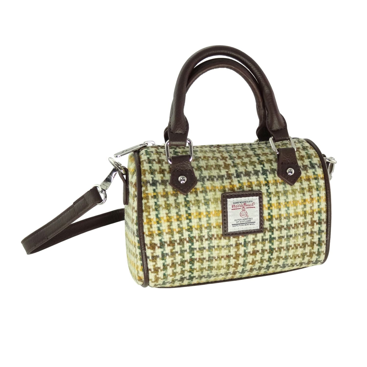 Kilbride Mini Bowling Bag with Shoulder Strap & Harris Tweed Beige Yellow Brown Fabric | Harris Tweed Scotland
