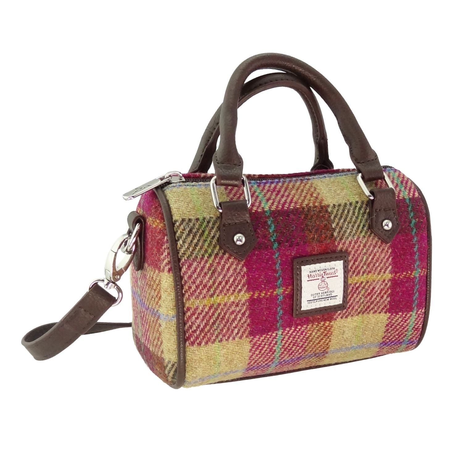 Glen Appin Kilbride Mini Bowling Handbag with Harris Tweed (Burgundy & Sand Tartan)