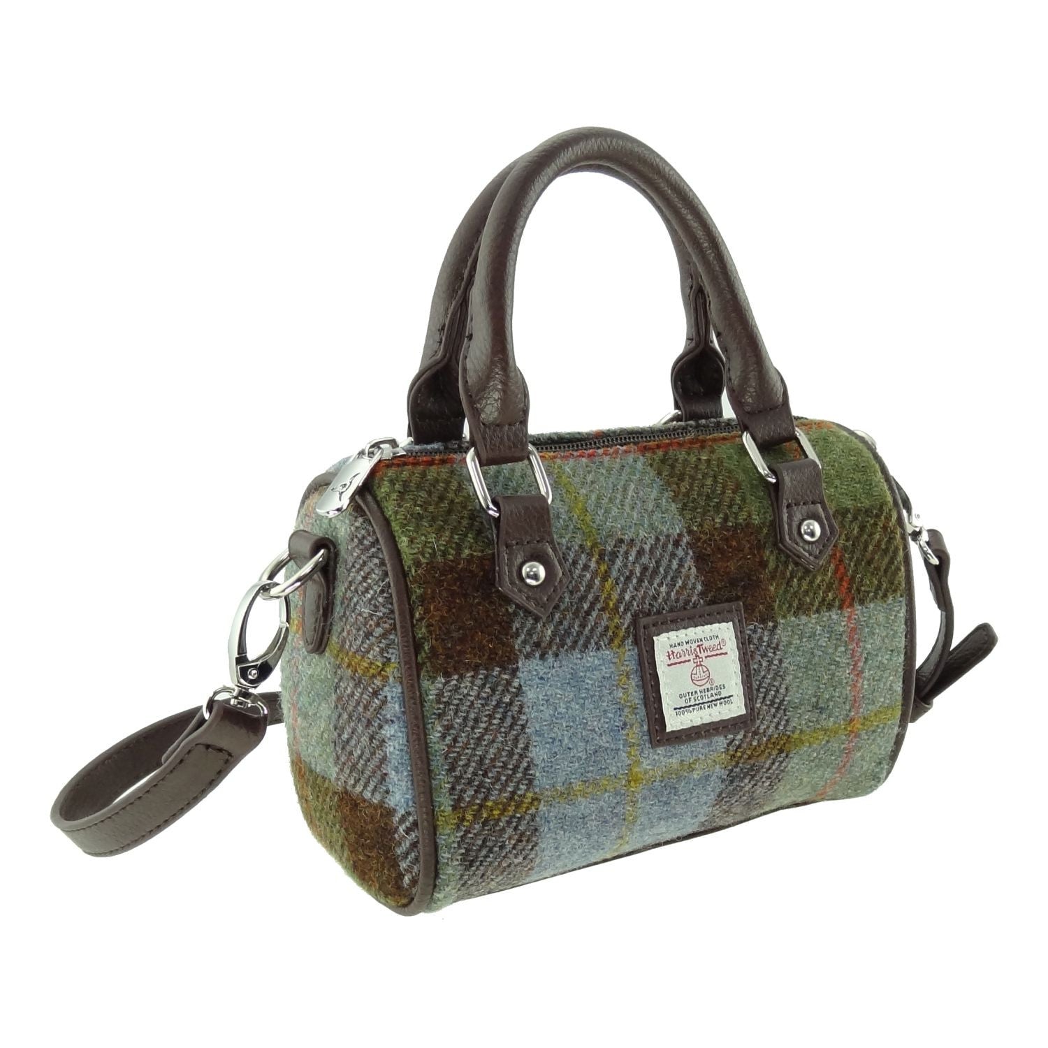 Harris Tweed Kilbride Mini Bowling Handbag with Shoulder Strap Brown Blue & Green | Harris Tweed Scotland