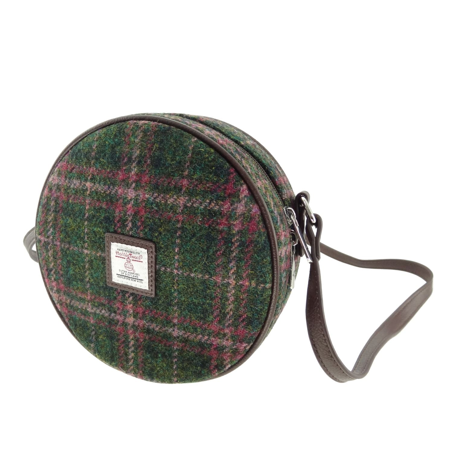 Harris Tweed Bannock Round Handbag with Shoulder Strap Green & Purple Check - COL107 | Harris Tweed Scotland
