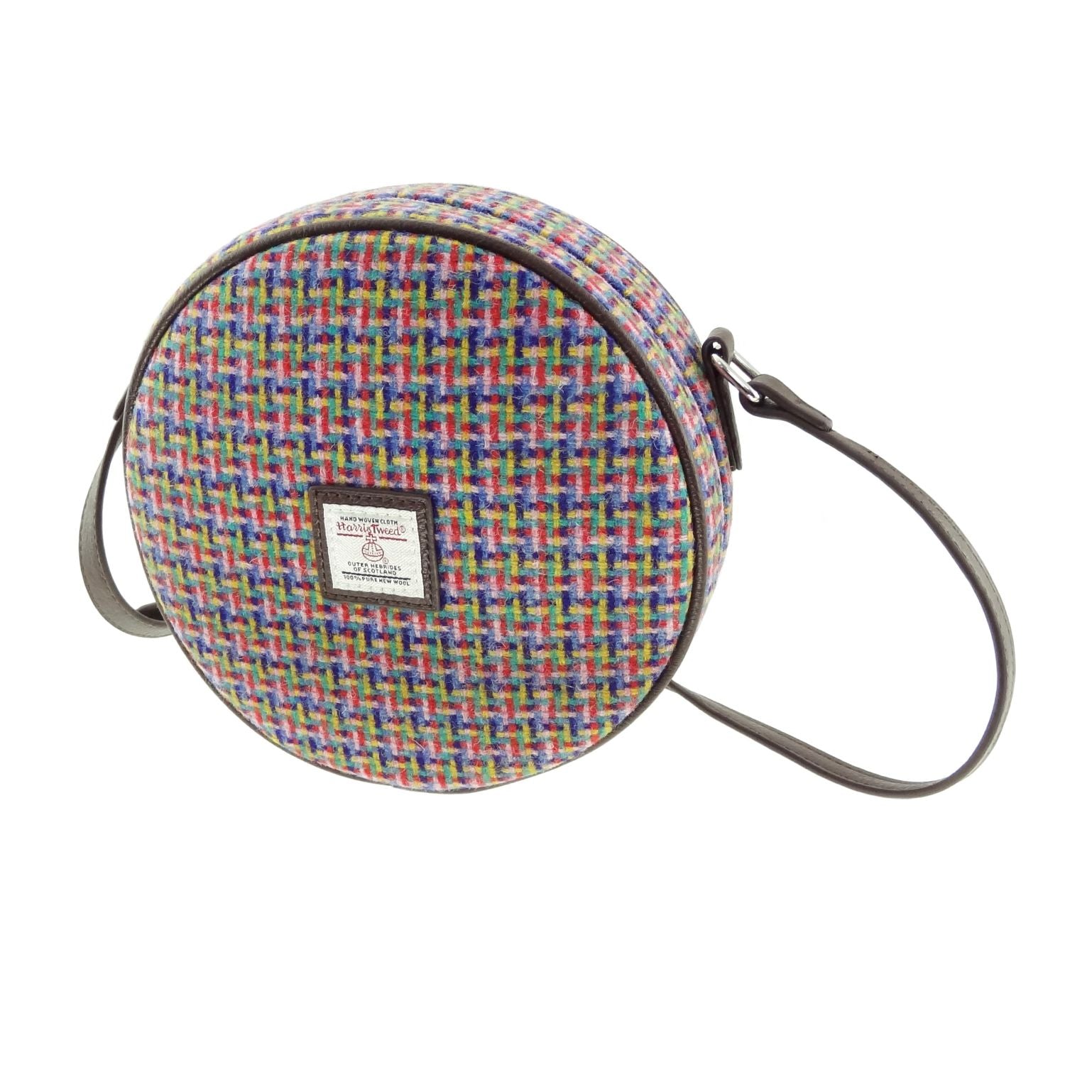 Harris Tweed Bannock Round Handbag with Shoulder Strap Purple Check - COL116 | Harris Tweed Scotland