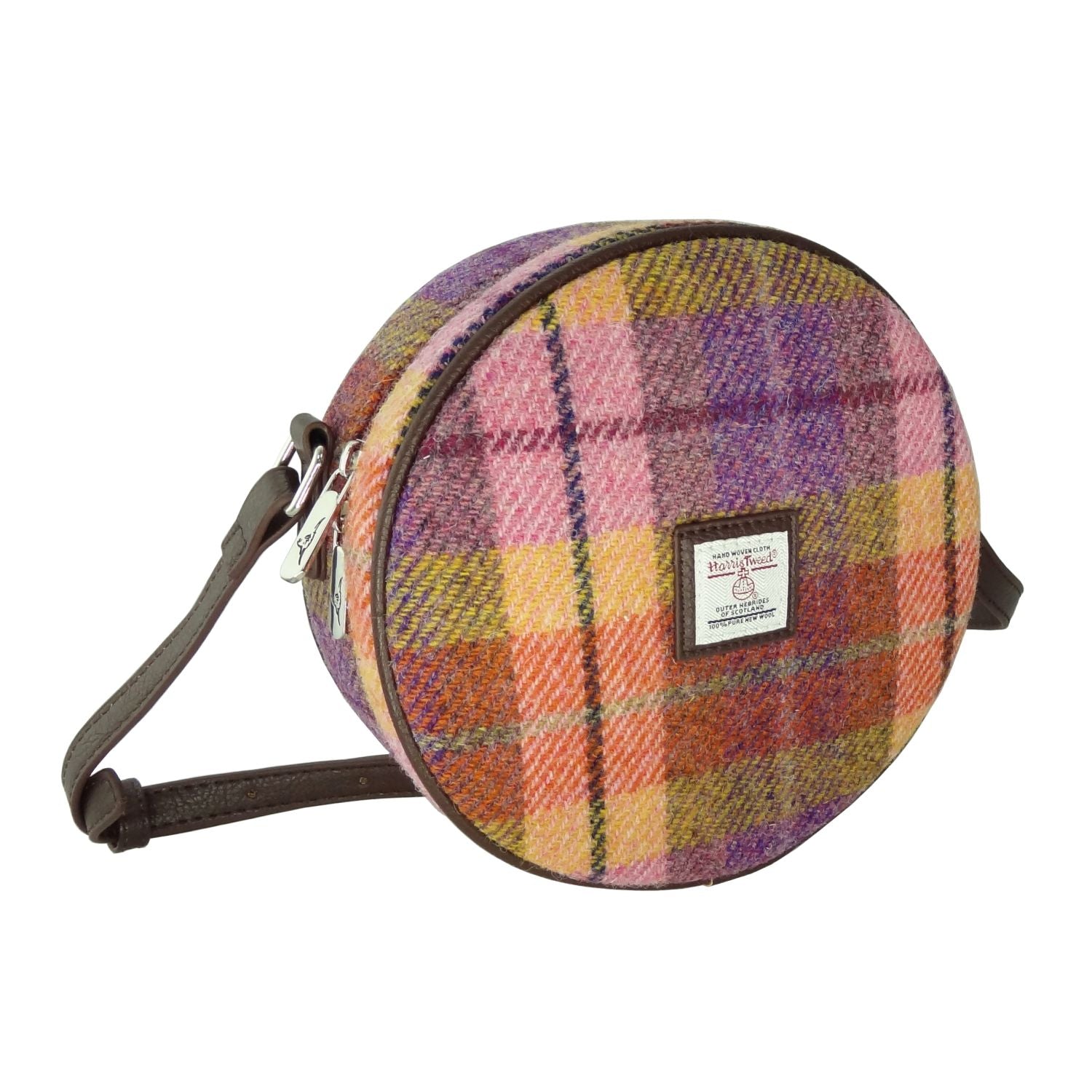 Harris Tweed Bannock Round Handbag with Shoulder Strap Pink, Purple, Orange Check - COL124 | Harris Tweed Scotland