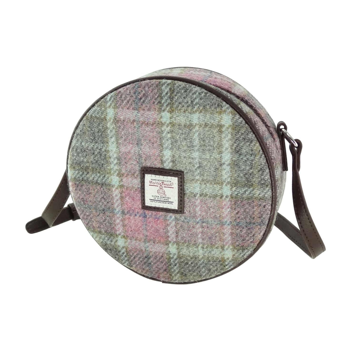 Harris Tweed Bannock Round Handbag with Shoulder Strap Purple & Grey Check - COL134 | Harris Tweed Scotland