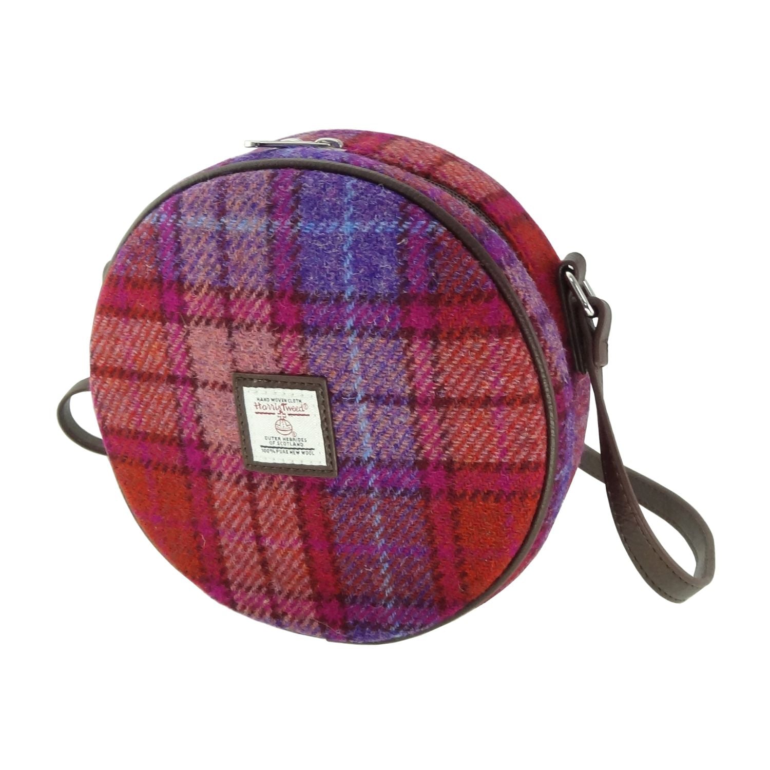 Harris Tweed Bannock Round Handbag with Shoulder Strap Purple & Burgundy - COL142 | Harris Tweed Scotland