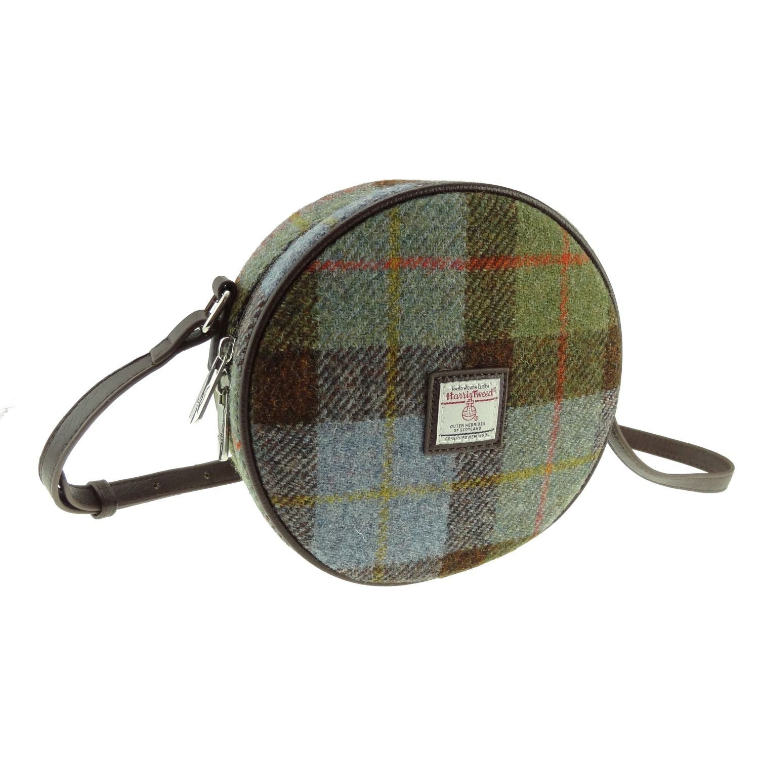 Harris Tweed Bannock Round Handbag with Shoulder Strap Brown Green & Blue Fabric - COL15 | Harris Tweed Scotland