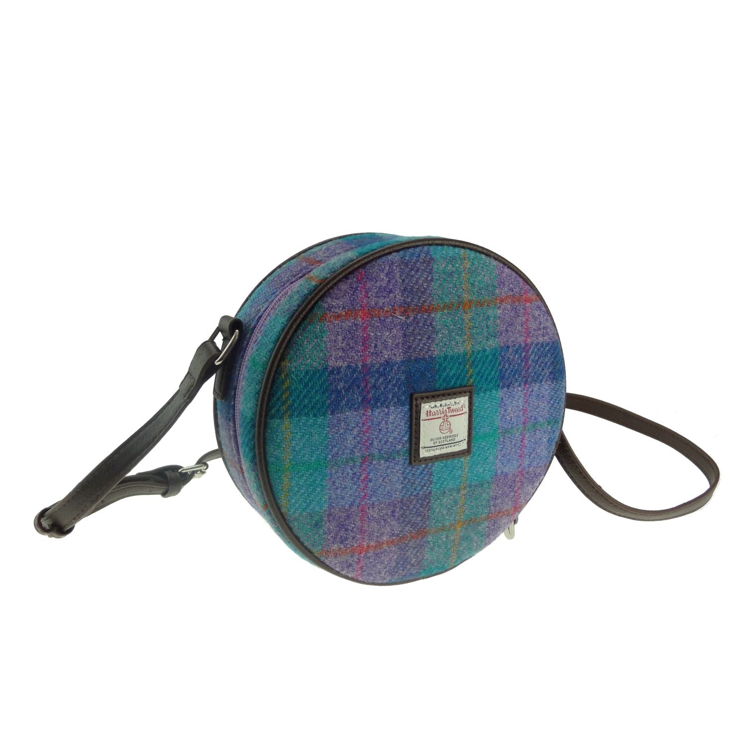 Harris Tweed Bannock Round Handbag with Shoulder Strap Blue & Purple Check - COL79 | Harris Tweed Scotland