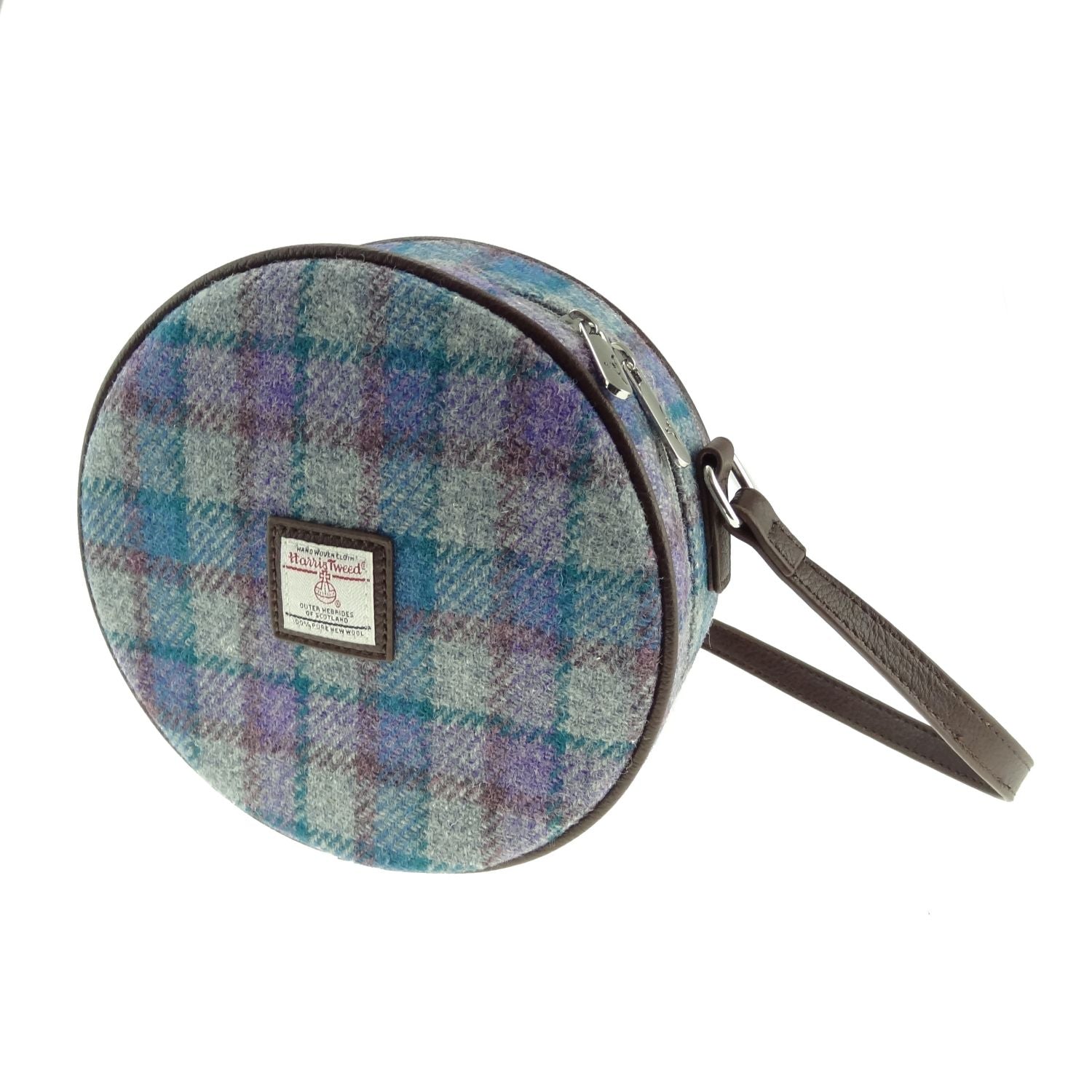 Harris Tweed Bannock Round Handbag with Shoulder Strap Blue, Purple & Grey Check - COL98 | Harris Tweed Scotland