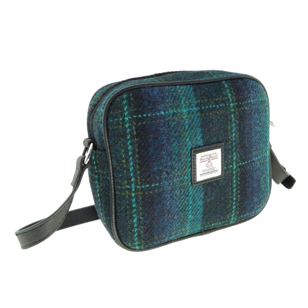 Harris Tweed Almond Square Mini Handbag Navy Blue & Green Check - COL119 | Harris Tweed Scotland