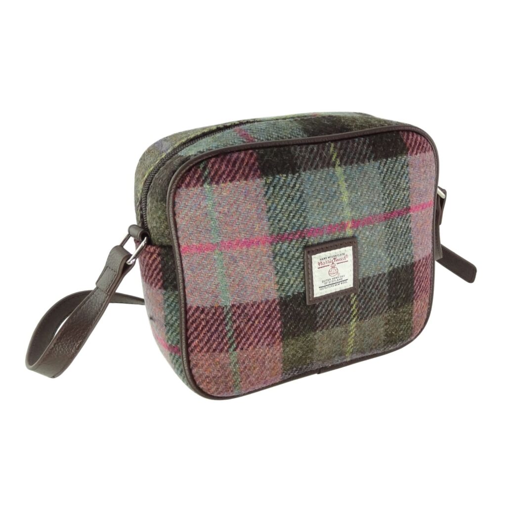 Harris Tweed Almond Square Mini Handbag Purple, Green & Brown Check - COL137 | Harris Tweed Scotland