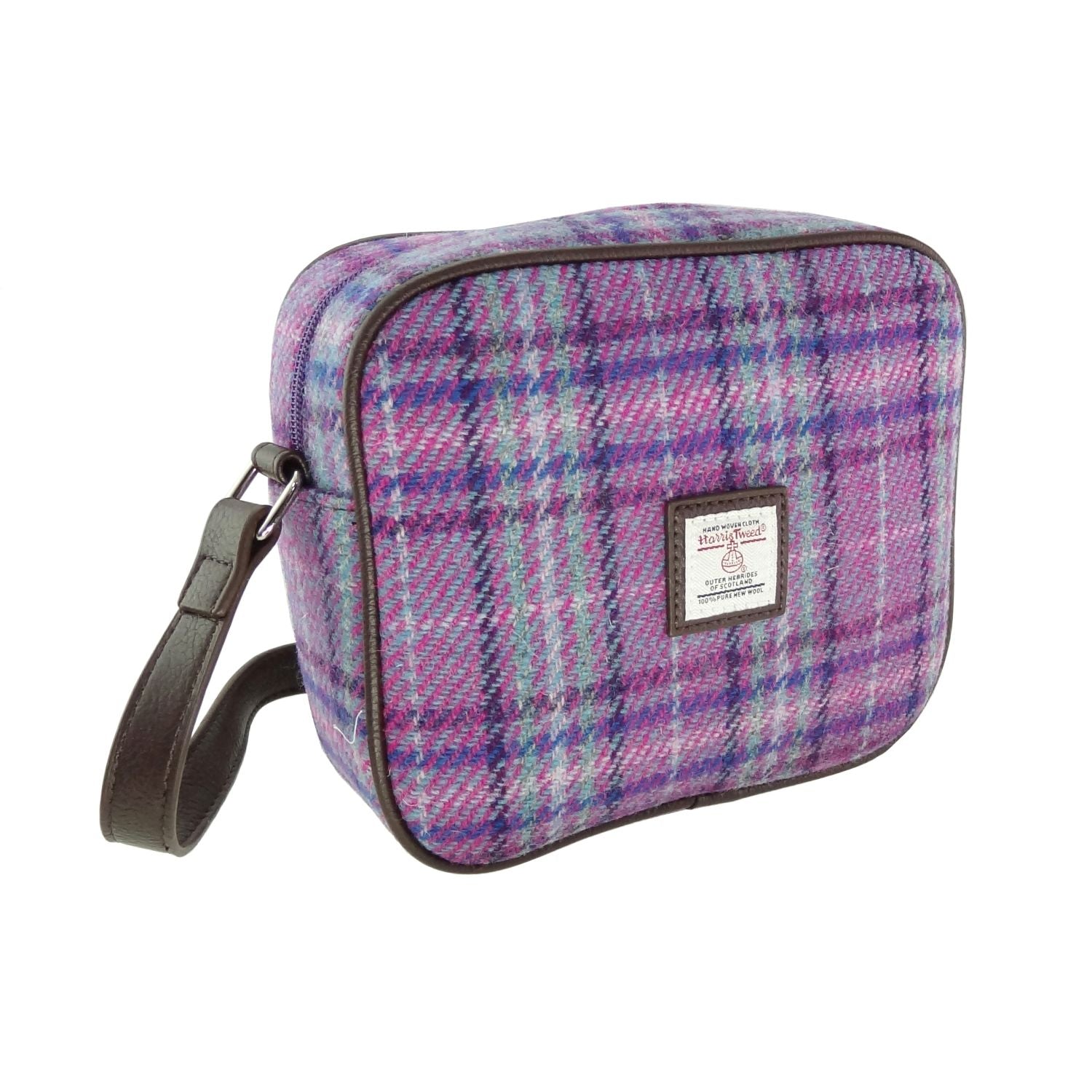 Almond Square Mini Handbag with Harris Tweed Purple & Violet Check Fabric - COL146 | Harris Tweed Scotland
