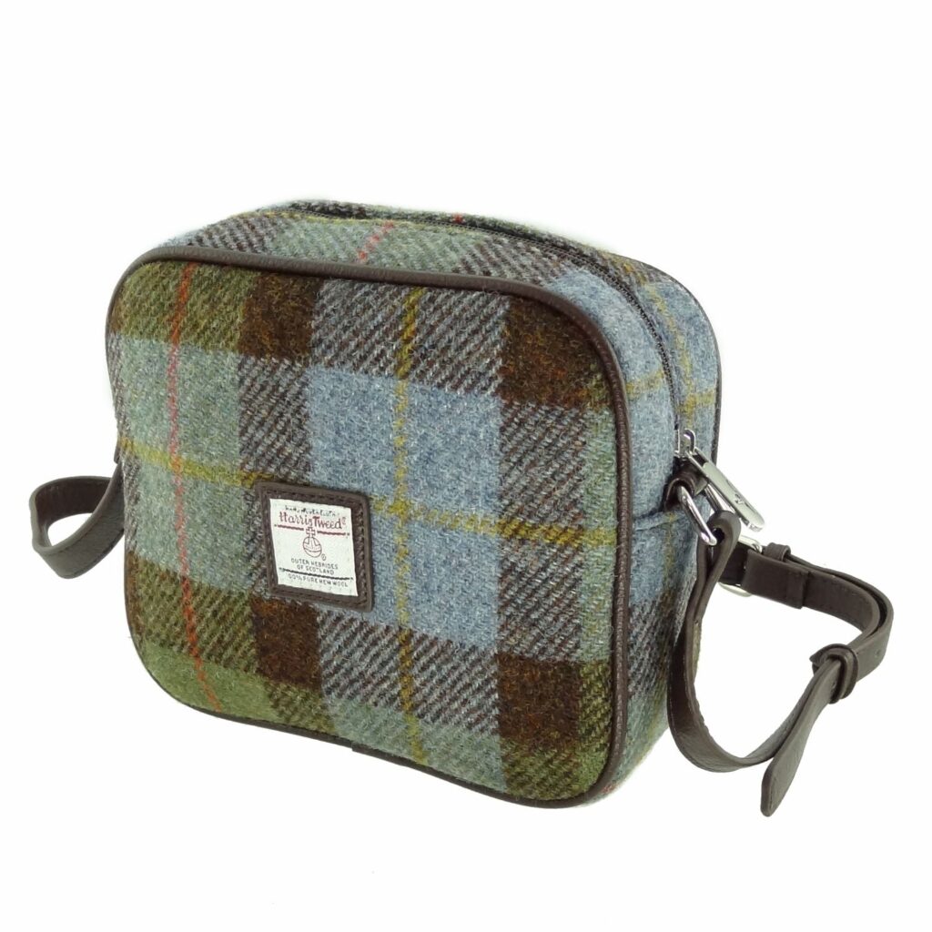 Almond Square Mini Handbag with Harris Tweed Blue Brown & Green Fabric | Harris Tweed Scotland