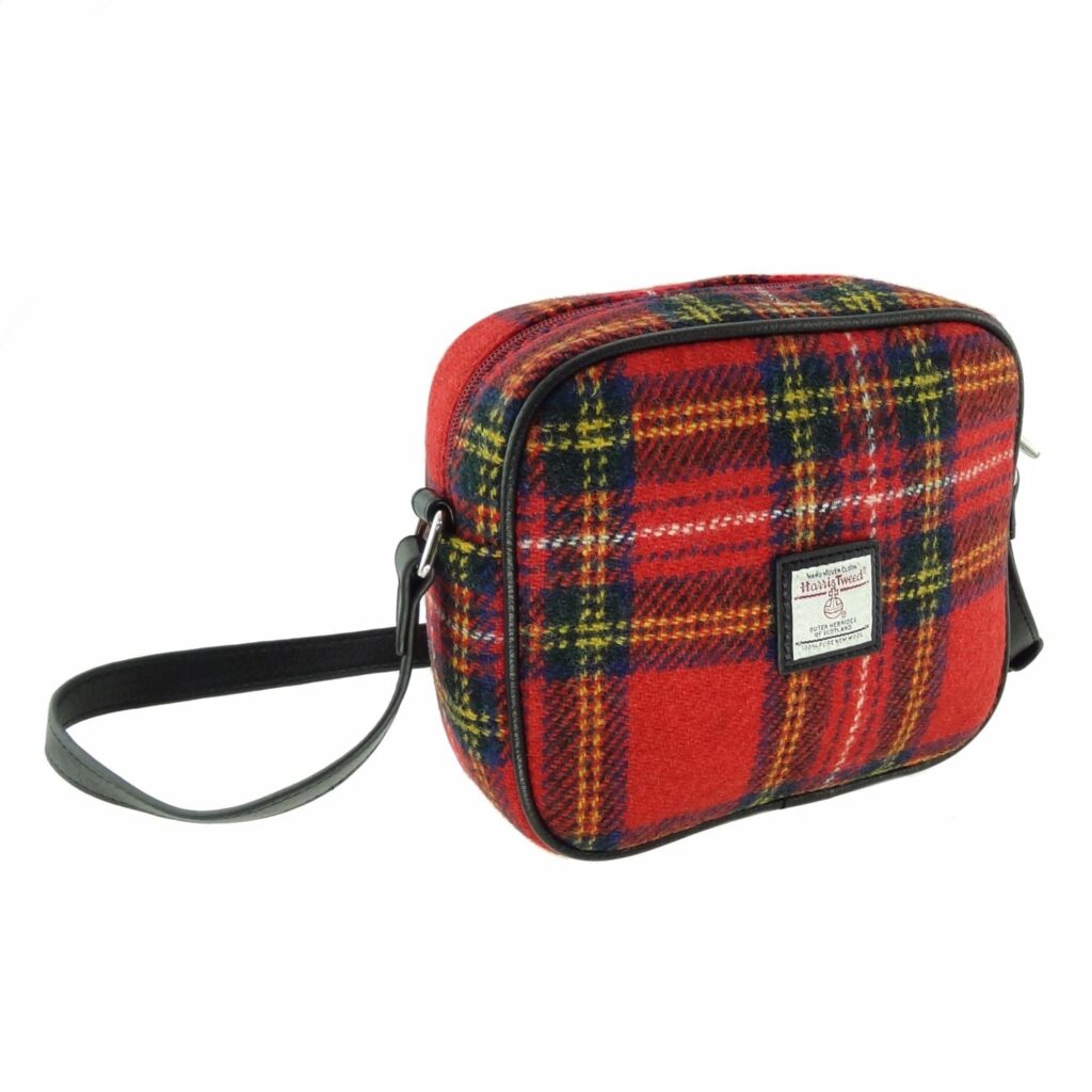 Almond Square Mini Handbag with Harris Tweed Red Green Black & Yellow Fabric | Harris Tweed Scotland