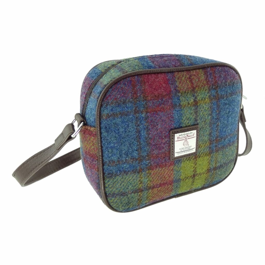 Harris Tweed Almond Square Mini Handbag Purple, Blue & Lime Check - COL46 | Harris Tweed Scotland