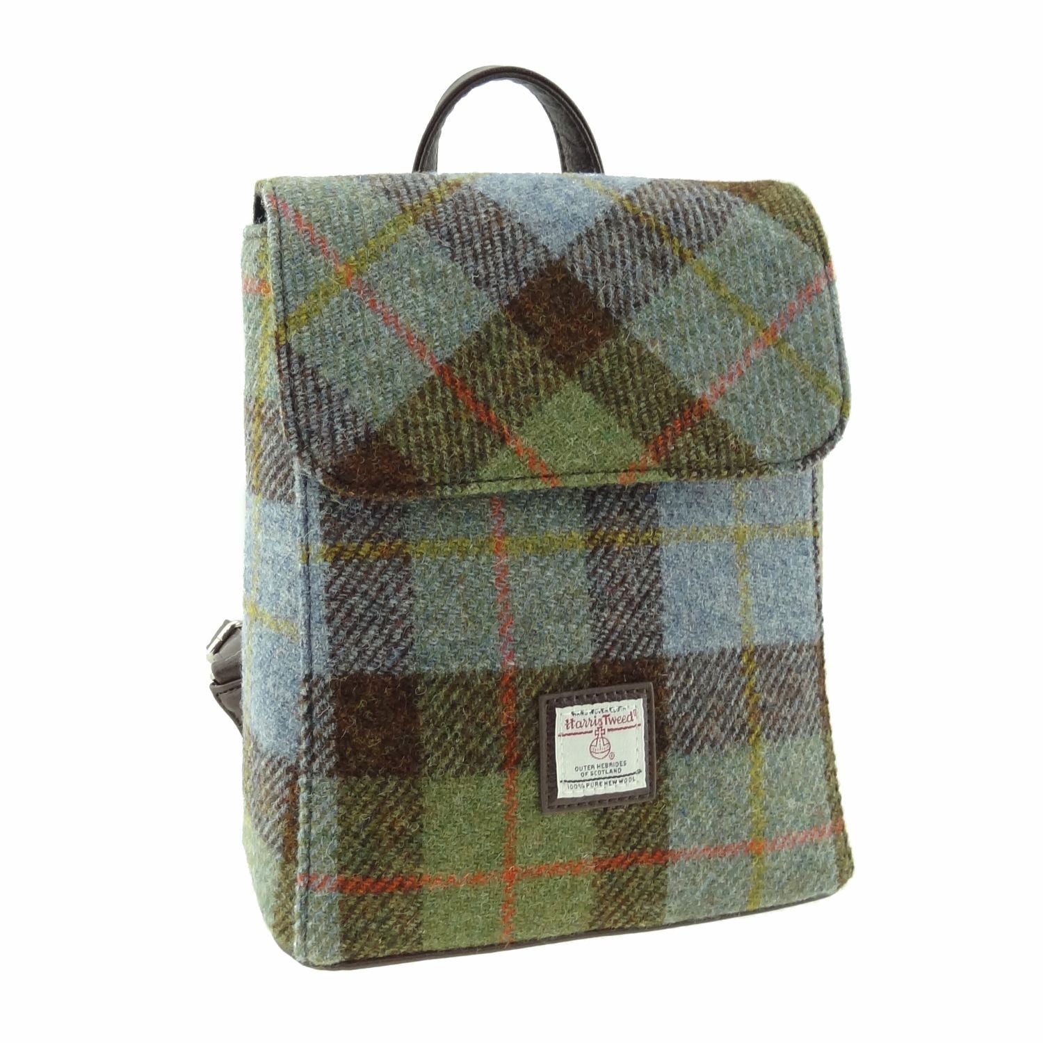 Tummel Mini Backpack with Harris Tweed Brown, Green & Blue Check Fabric - COL15 | Harris Tweed Scotland