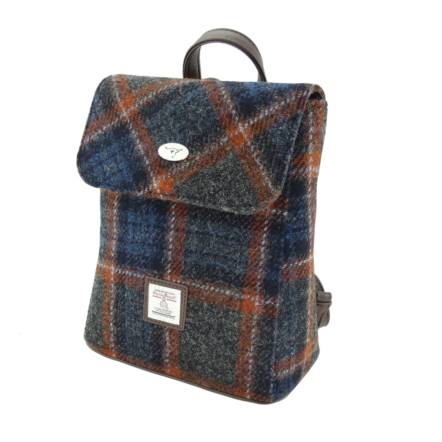 Tummel Mini Backpack with Harris Tweed Navy Blue & Burnt Orange Check Fabric - COL127 | Harris Tweed Scotland