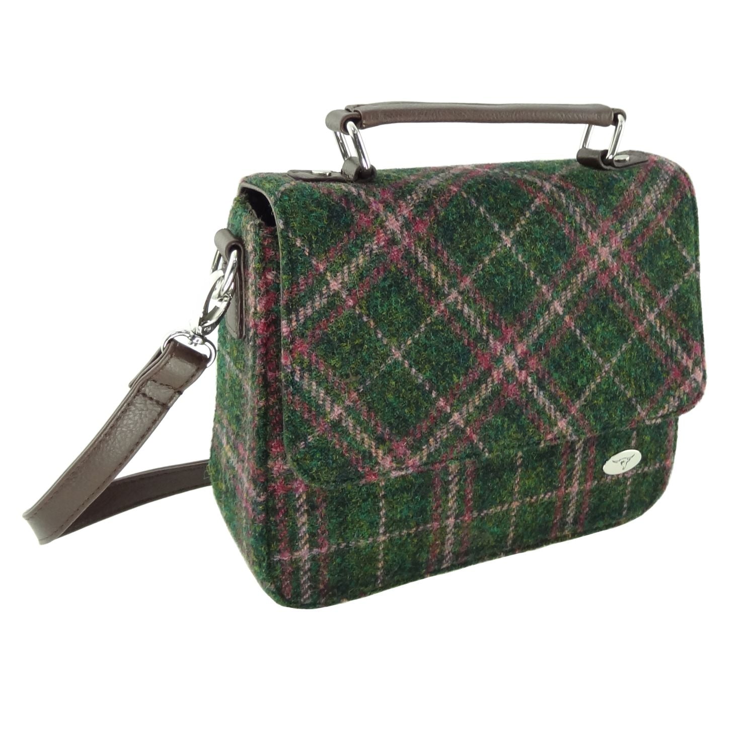 Harris Tweed Thurso Square Mini Satchel Bag Green & Purple Brown | Harris Tweed Scotland