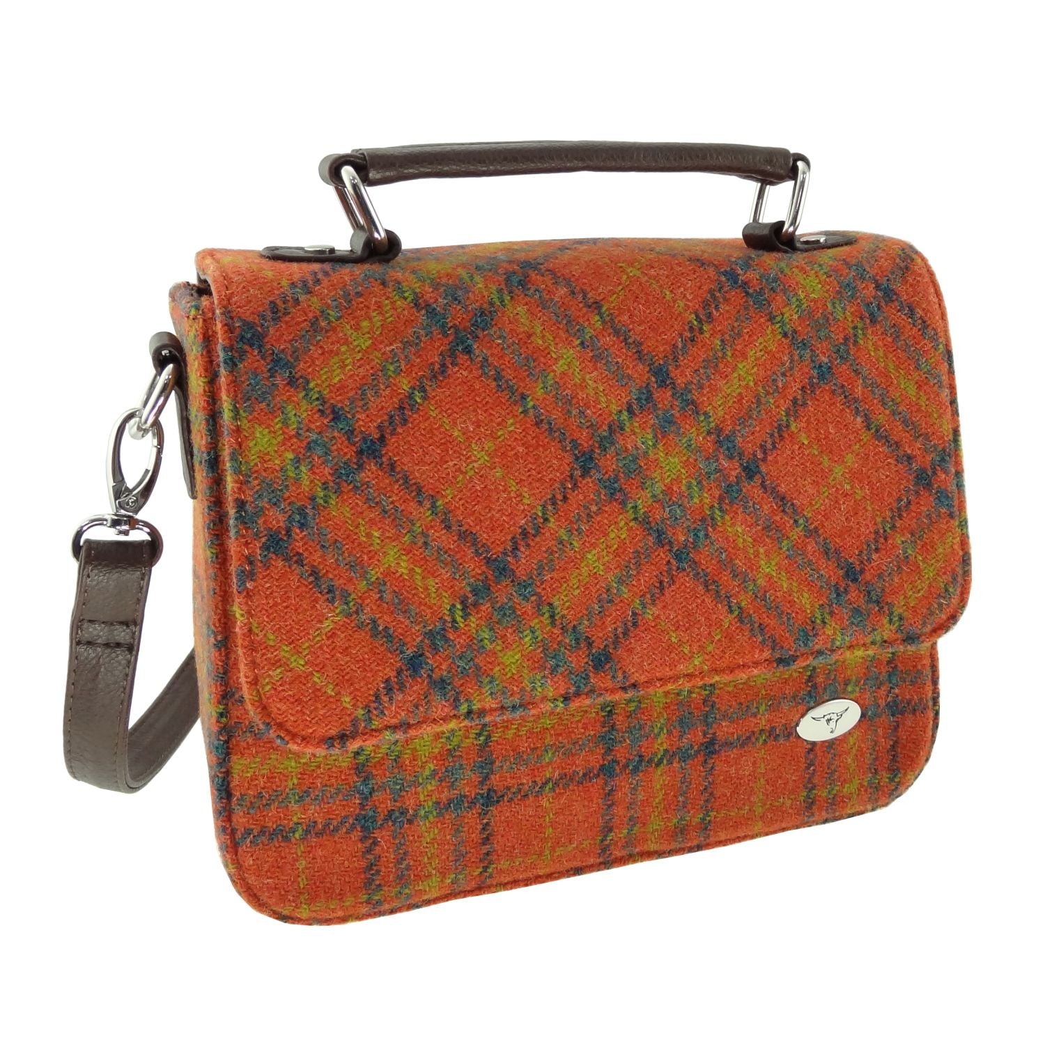 Harris Tweed Thurso Square Mini Satchel Bag Burnt Orange & Blue Brown | Harris Tweed Scotland