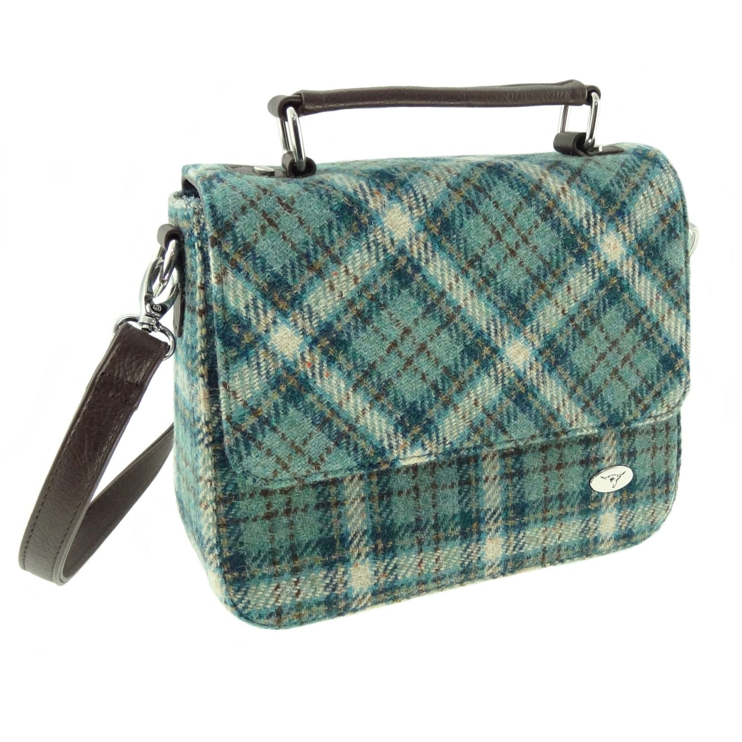 Harris Tweed Thurso Square Mini Satchel Bag Blue & Mint Green | Harris Tweed Scotland