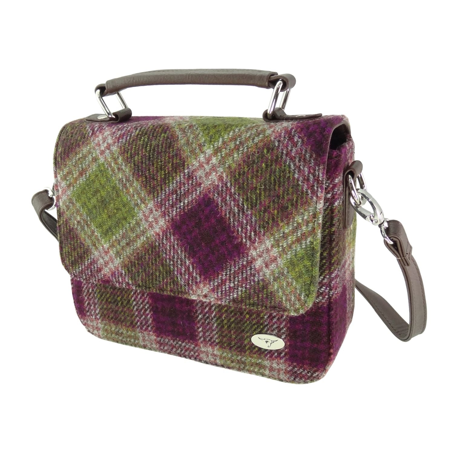 Harris Tweed Thurso Square Mini Satchel Bag Green & Purple | Harris Tweed Scotland