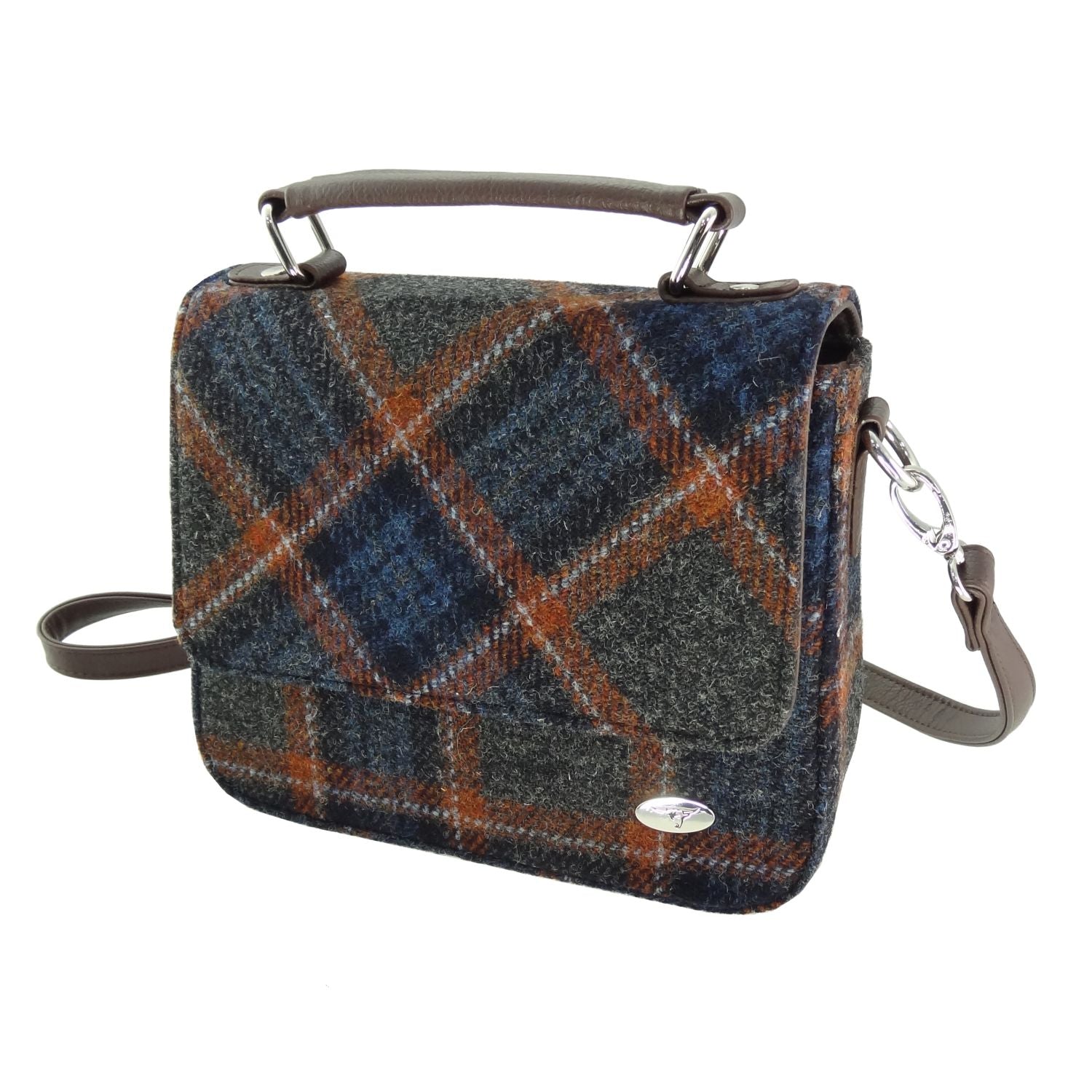 Harris Tweed Thurso Square Mini Satchel Bag Blue Navy & Orange | Harris Tweed Scotland