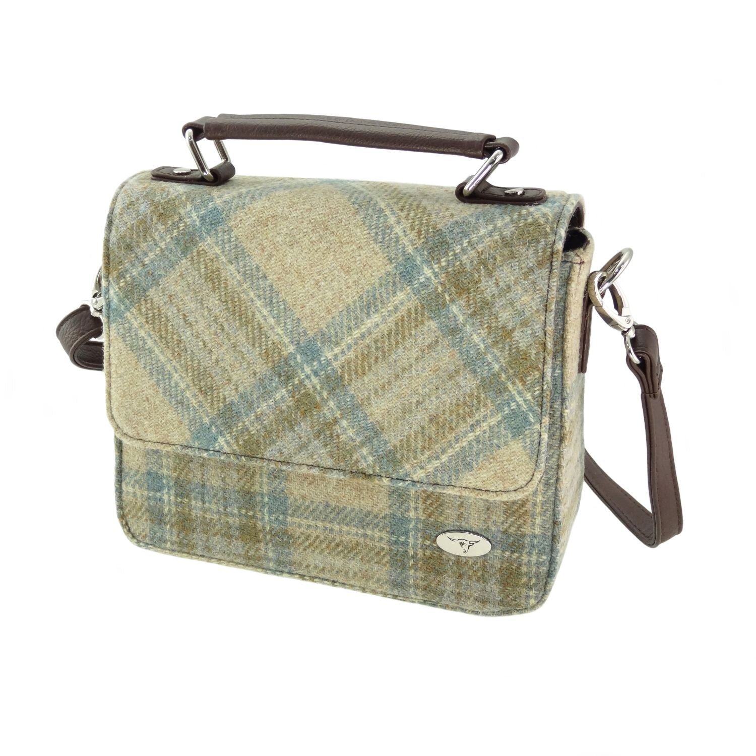 Harris Tweed Thurso Square Mini Satchel Bag Beige Blue & Brown | Harris Tweed Scotland