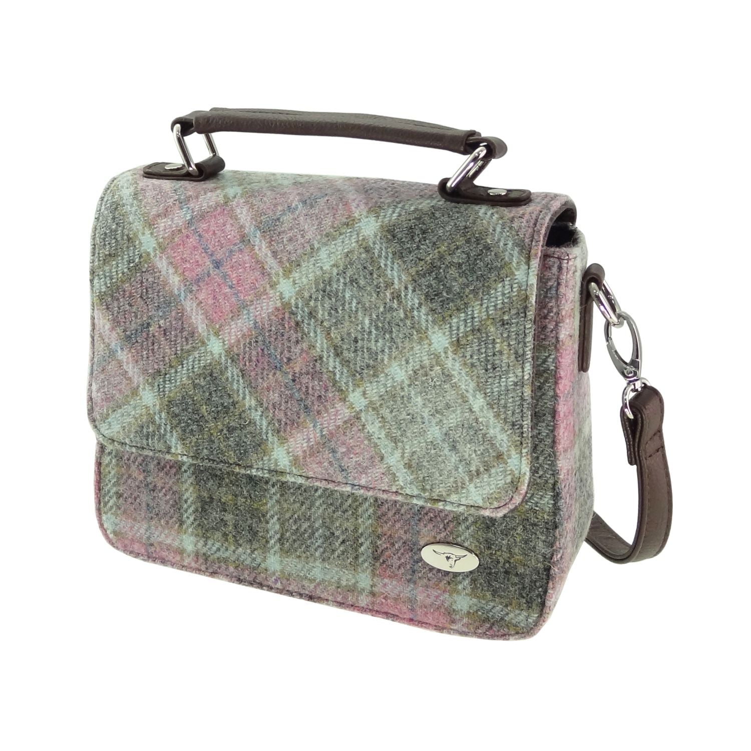 Harris Tweed Thurso Square Mini Satchel Bag Grey & Purple Pink | Harris Tweed Scotland