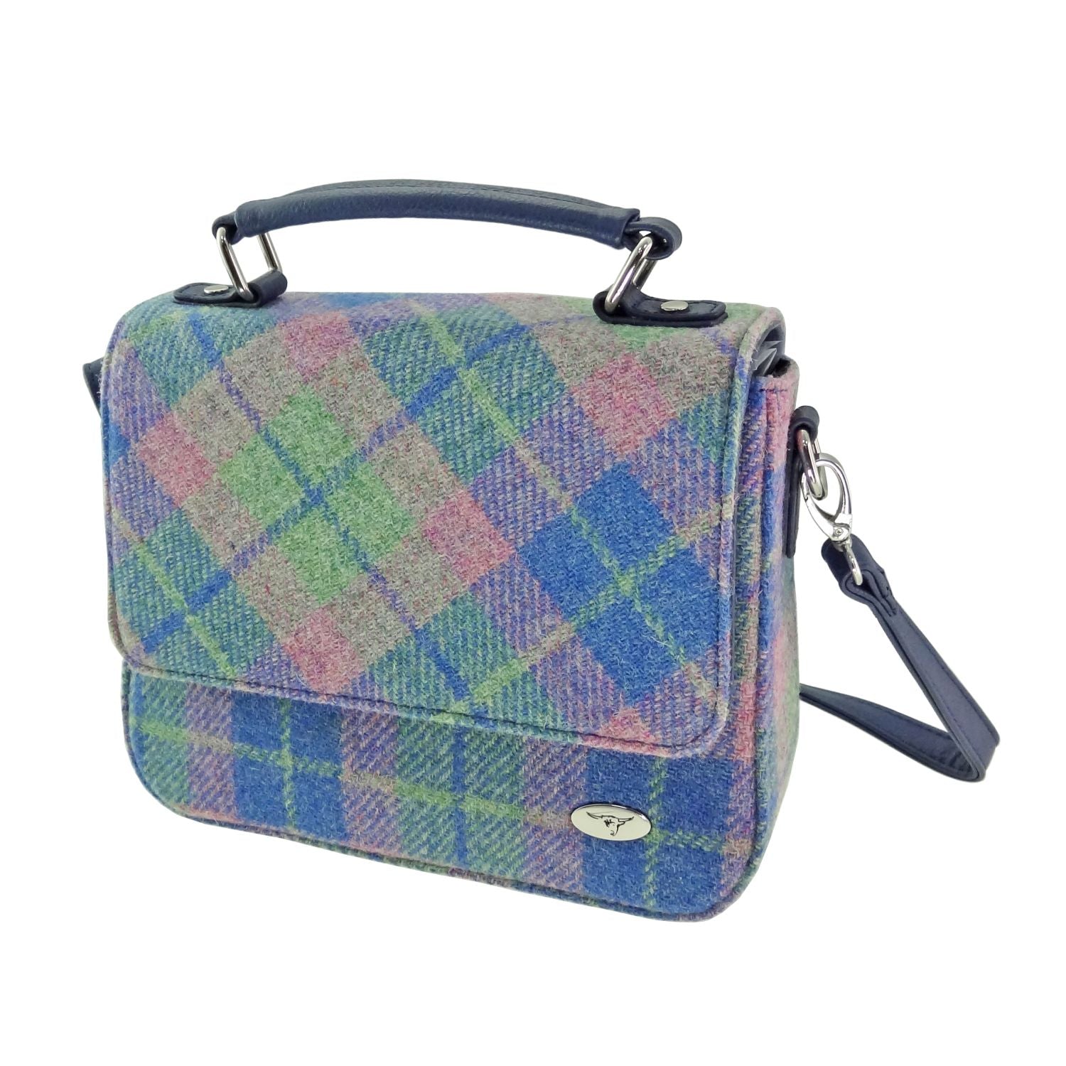 Harris Tweed Thurso Square Mini Satchel Bag Blue Pink Black | Harris Tweed Scotland