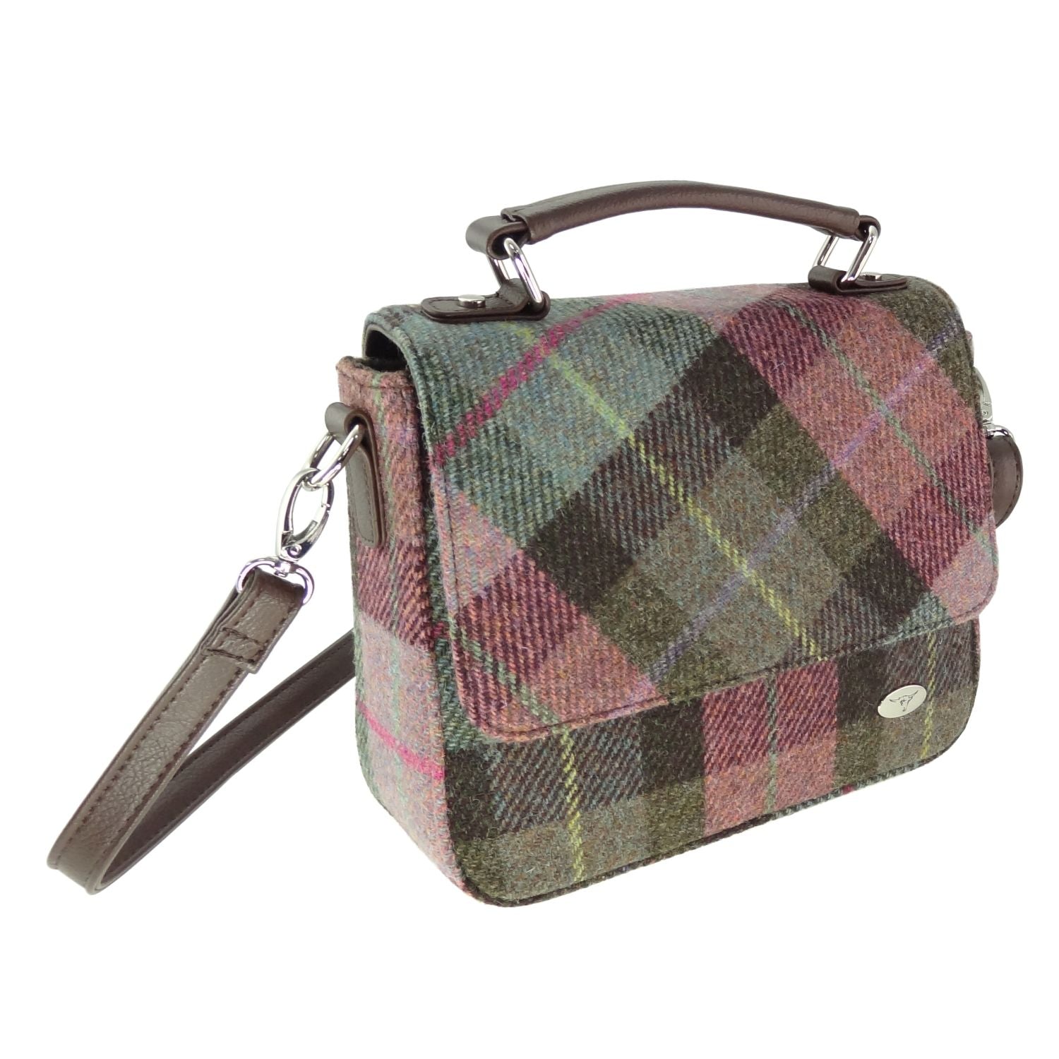Harris Tweed Thurso Square Mini Satchel Bag Grey Purple Brown | Harris Tweed Scotland