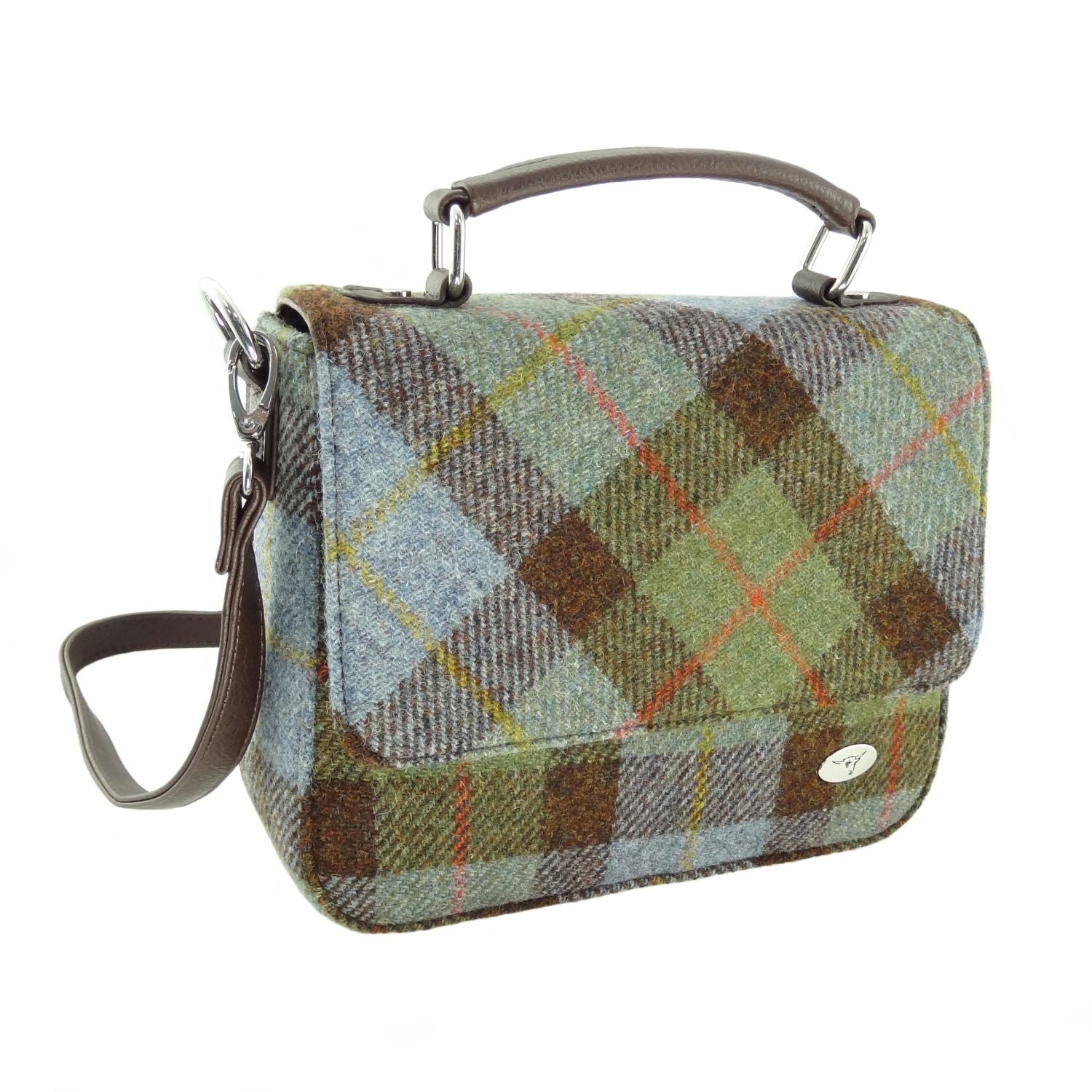 Harris Tweed Thurso Square Mini Satchel Bag Blue Brown & Green | Harris Tweed Scotland