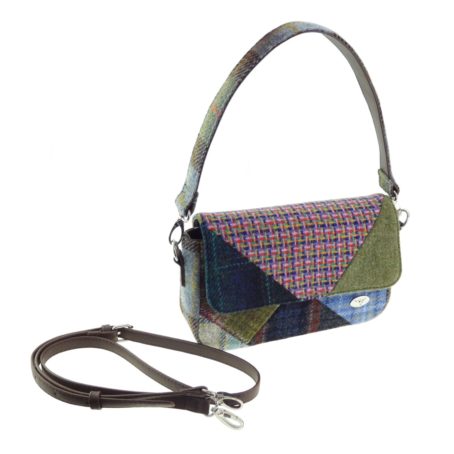 Clunie Small Patchwork Bag with Harris Tweed Blue, Green & Purple Check Fabric | Harris Tweed Scotland