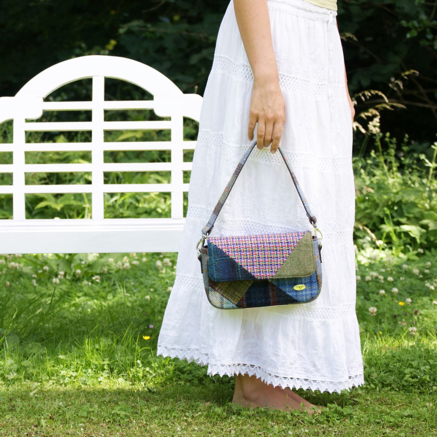 Clunie Small Patchwork Bag with Harris Tweed Blue, Green & Purple Check Fabric – Image 2 | Harris Tweed Scotland