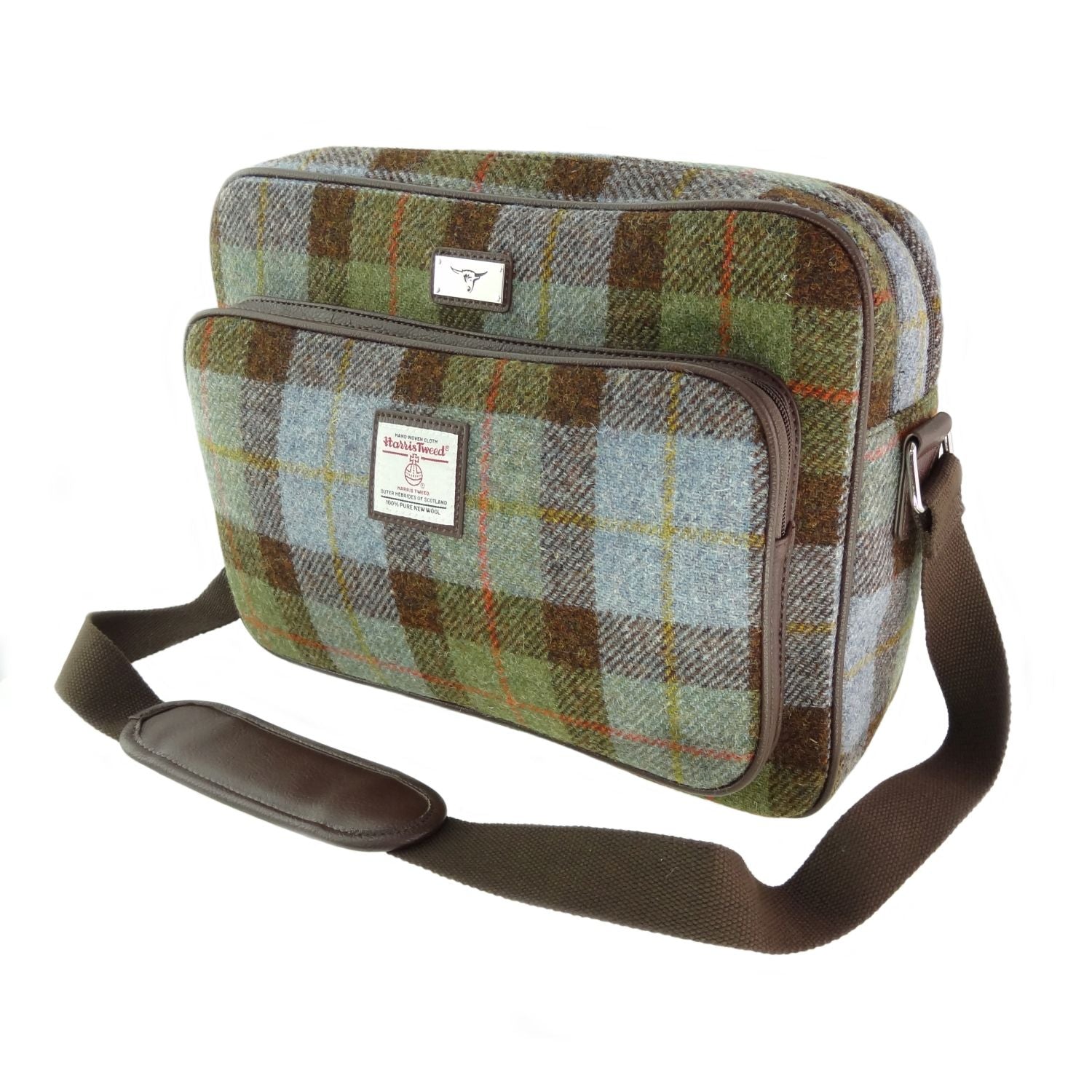 Bowmont Messenger Laptop Bag with Harris Tweed Blue, Brown & Green Check Fabric - COL15 | Harris Tweed Scotland