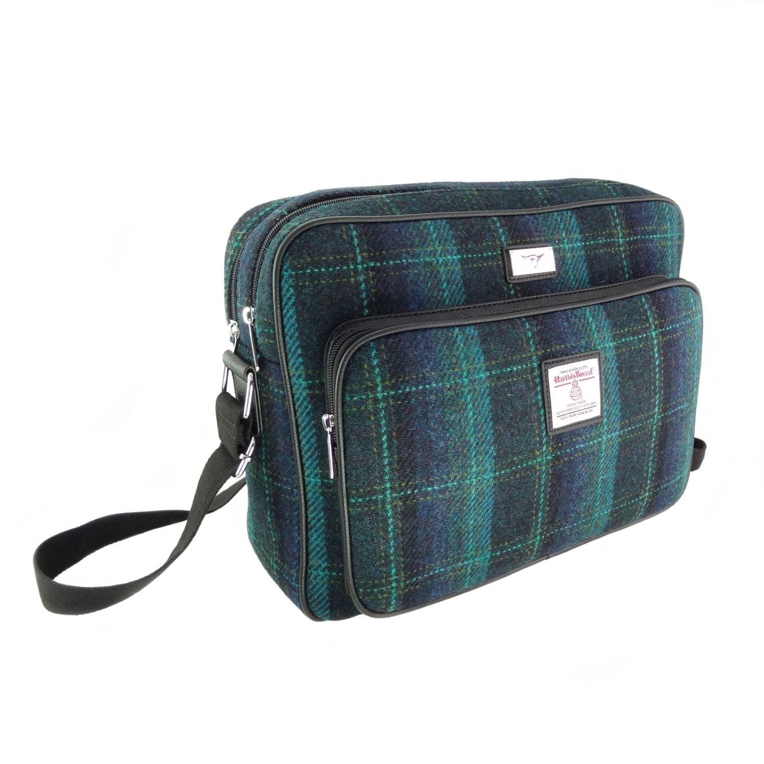Bowmont Messenger Laptop Bag Harris Tweed Navy Blue Check Fabric - COL119 | Harris Tweed Scotland
