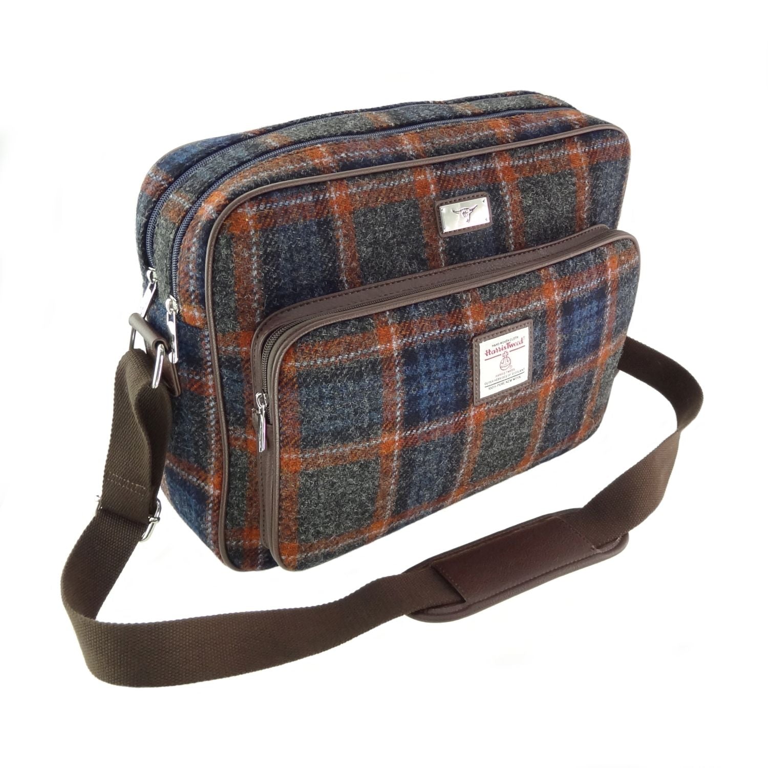Bowmont Messenger Laptop Bag with Harris Tweed Orange & Navy Blue Check Fabric - COL127 | Harris Tweed Scotland
