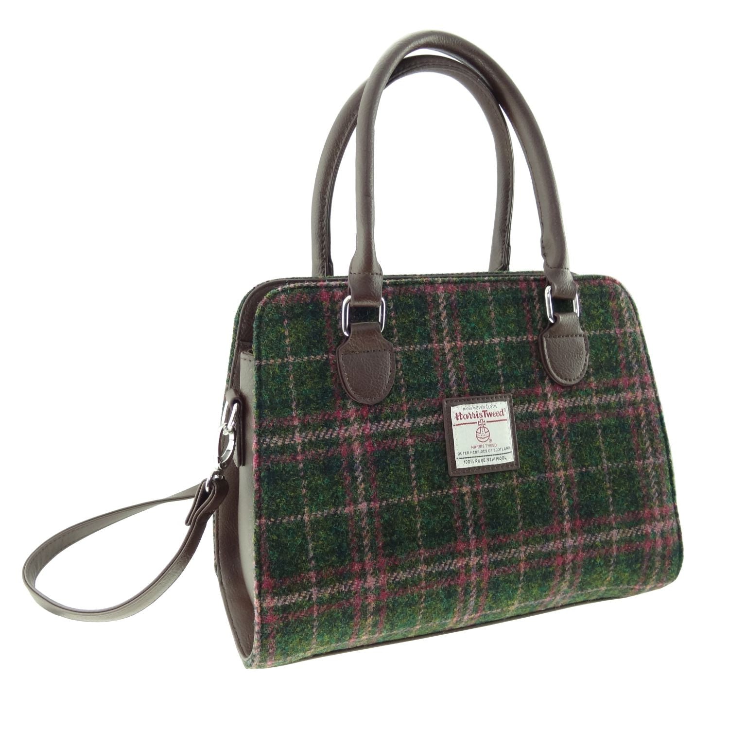 Findhorn Classic Handbag with Harris Tweed Purple & Green Check Fabric - COL107 | Harris Tweed Scotland