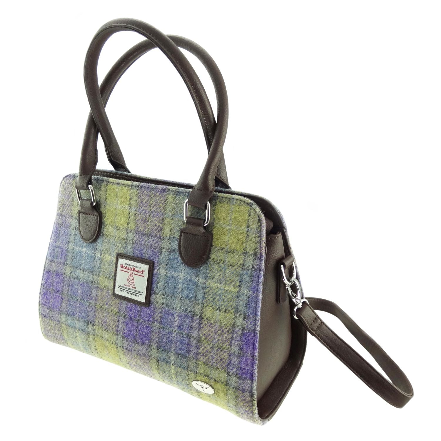 Findhorn Classic Handbag with Harris Tweed Purple & Green Check Fabric - COL112 | Harris Tweed Scotland