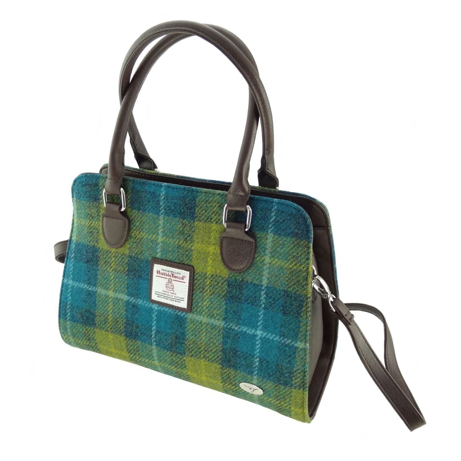 Findhorn Classic Handbag with Harris Tweed Blue & Lime Yellow Check Fabric - COL114 | Harris Tweed Scotland