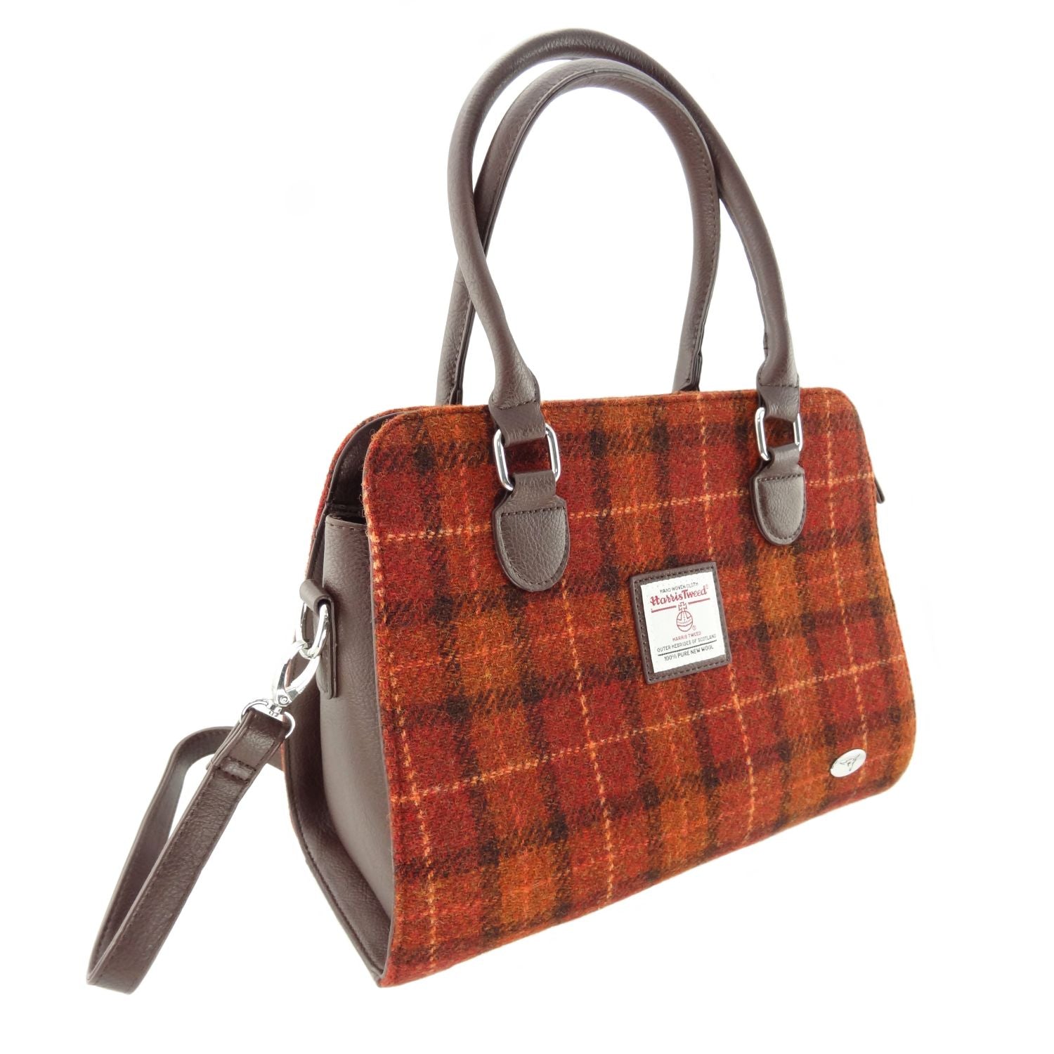 Findhorn Classic Handbag with Harris Tweed Burnt Orange & Brown Check Fabric - COL117 | Harris Tweed Scotland