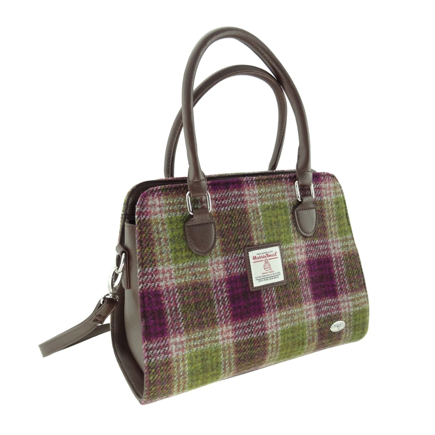 Findhorn Classic Handbag with Harris Tweed Purple & Green Check Fabric - COL125 | Harris Tweed Scotland