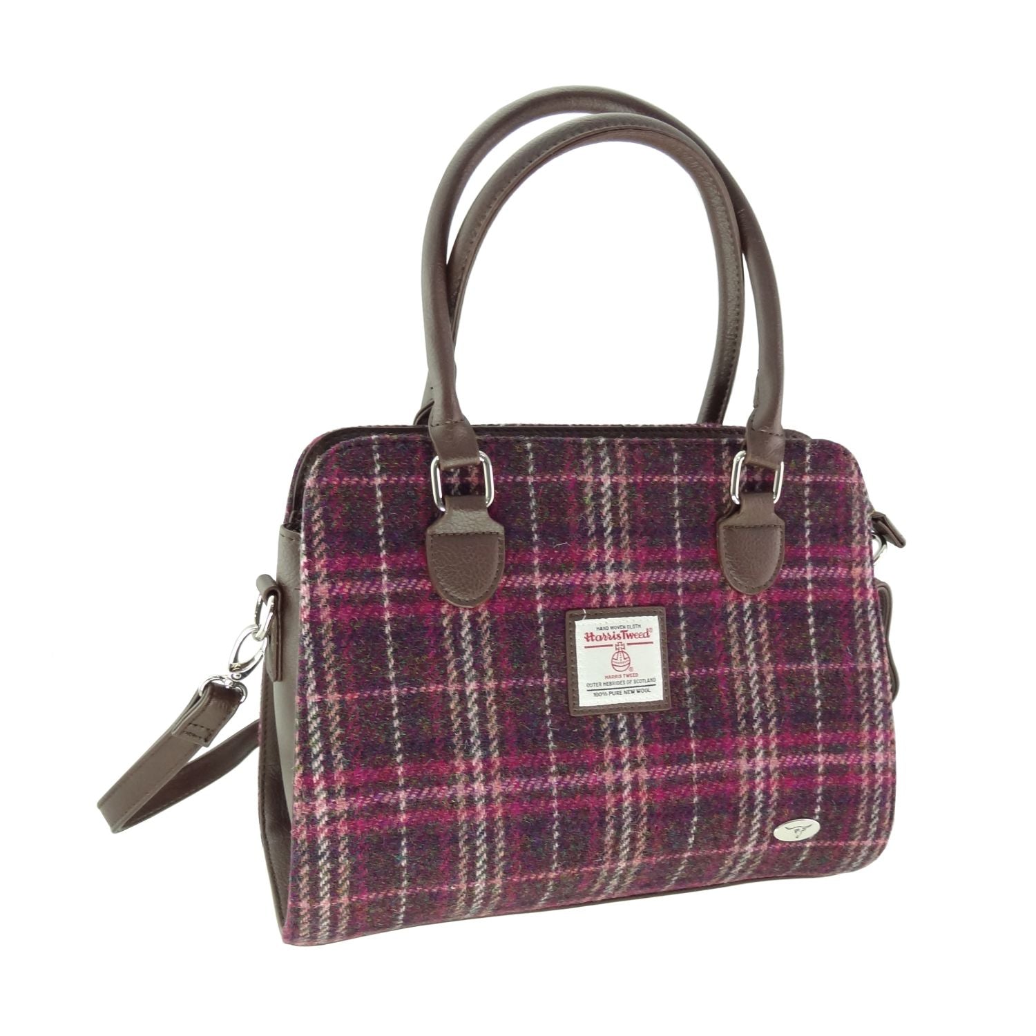 Findhorn Classic Handbag with Shoulder Strap & Harris Tweed Purple & Burgundy Check - COL131 | Harris Tweed Scotland