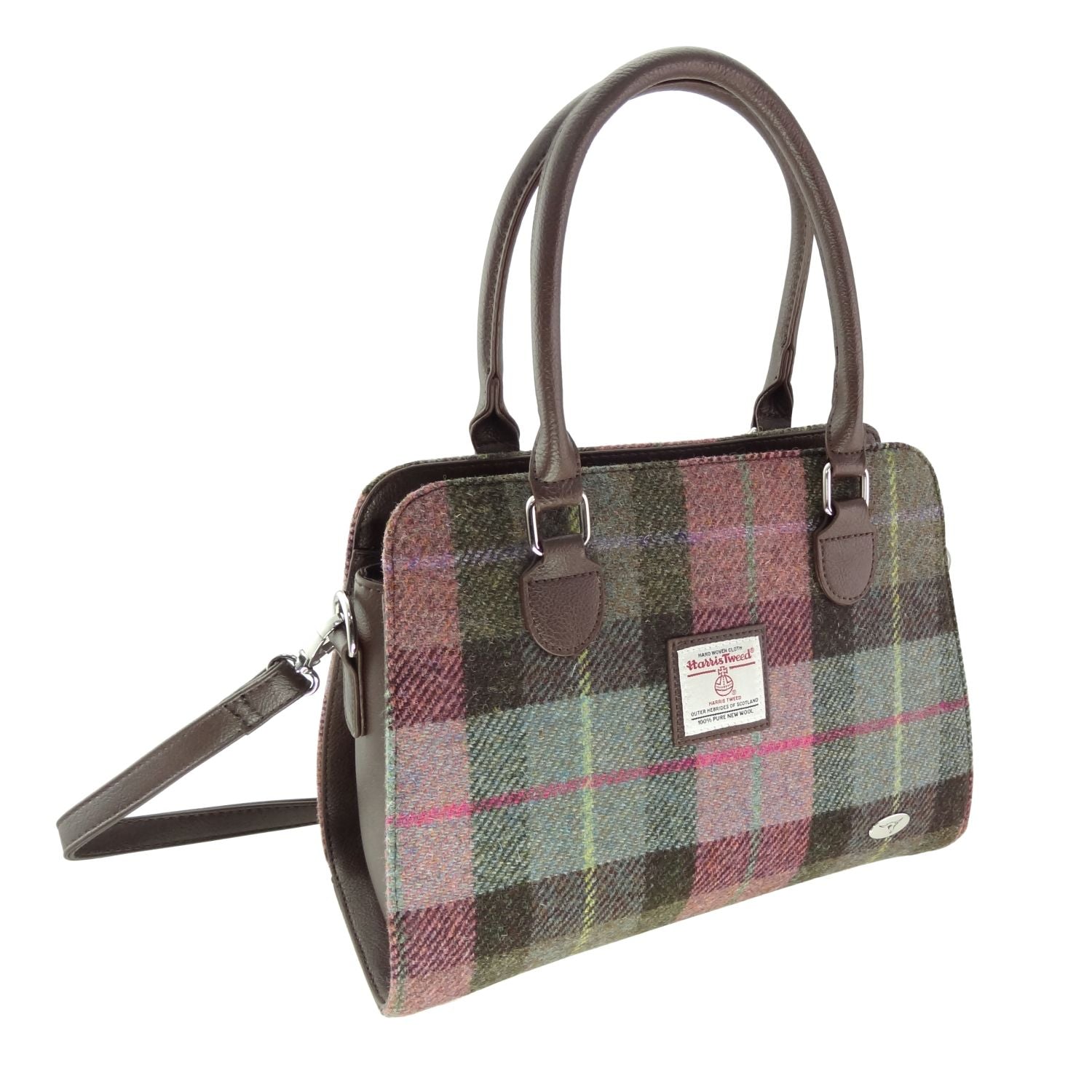 Findhorn Classic Handbag with Harris Tweed Purple & Green Check Fabric - COL137 | Harris Tweed Scotland