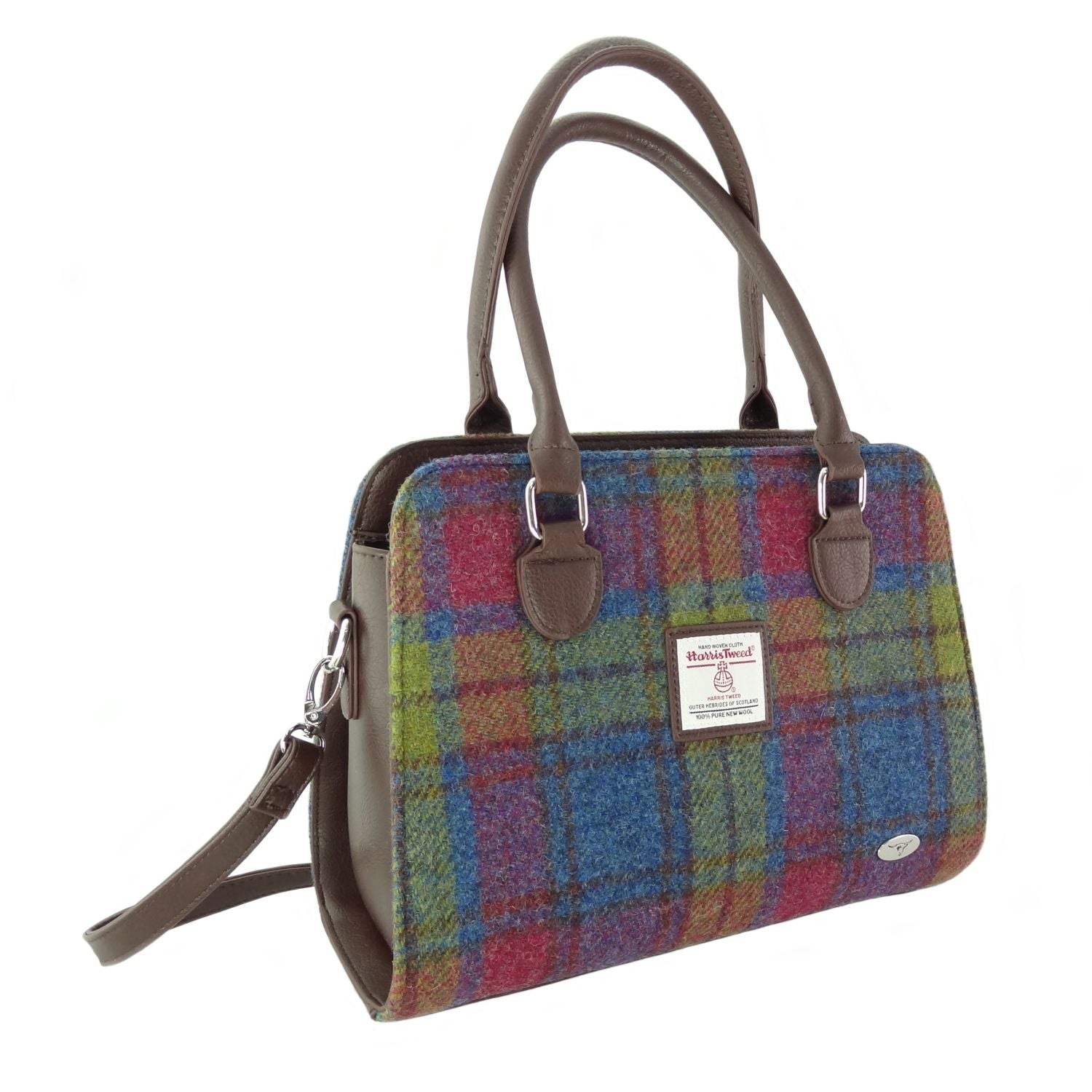 Findhorn Classic Handbag with Harris Tweed Purple, Blue & Lime Check Fabric - COL46 | Harris Tweed Scotland
