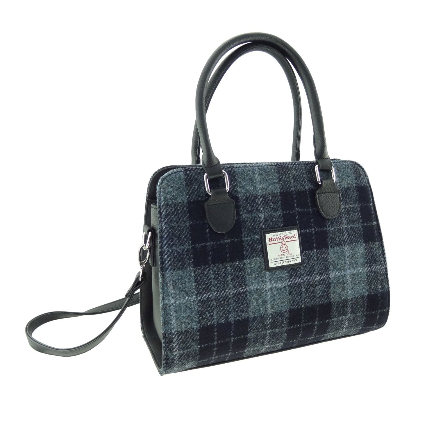 Findhorn Classic Handbag with Harris Tweed Navy Blue Check Fabric - COL95 | Harris Tweed Scotland