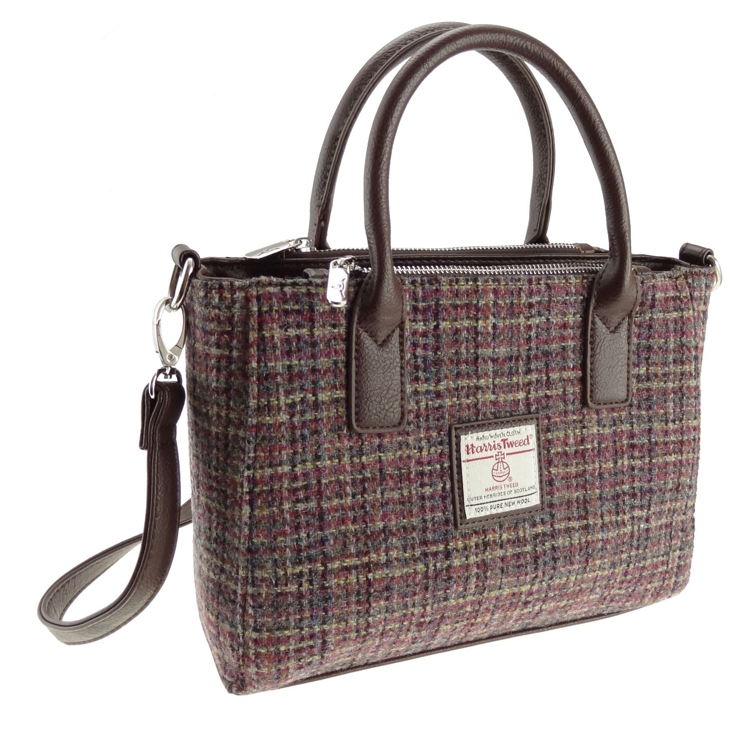 Brora Small Tote Bag with Brown Shoulder Strap & Harris Tweed Purple Check - COL25 | Harris Tweed Scotland
