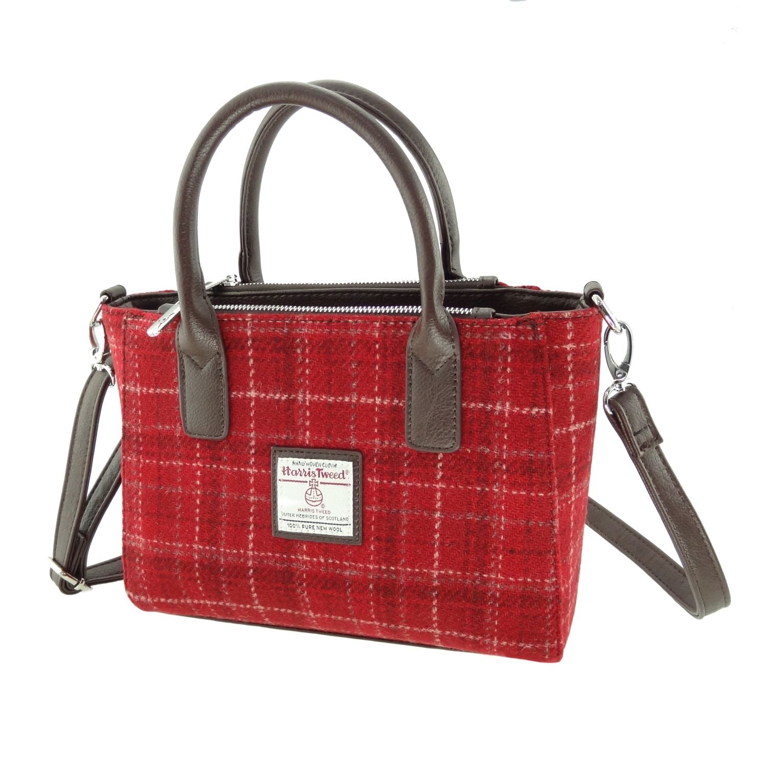 Brora Small Tote Bag with Shoulder Strap & Harris Tweed Red Check - COL102 | Harris Tweed Scotland