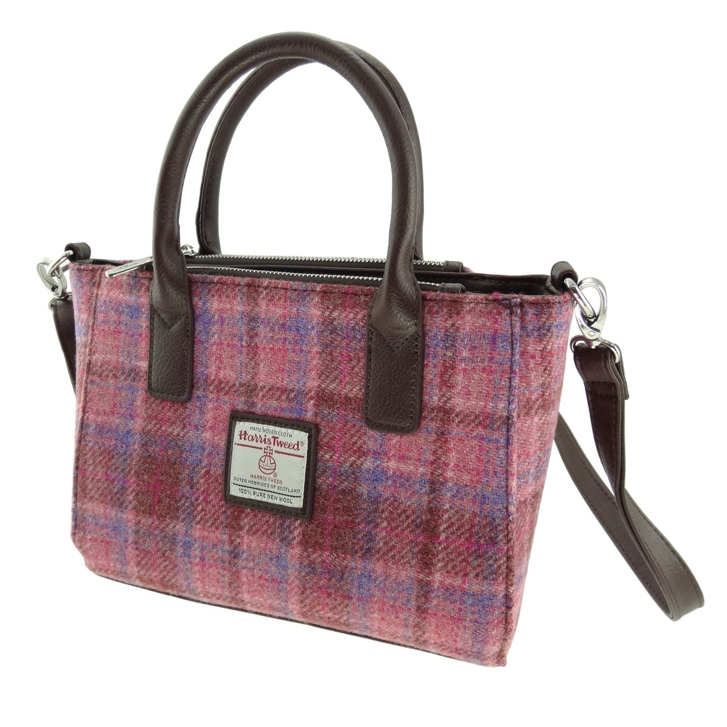 Brora Small Tote Bag with Shoulder Strap & Harris Tweed Purple Check Fabric - COL103 | Harris Tweed Scotland