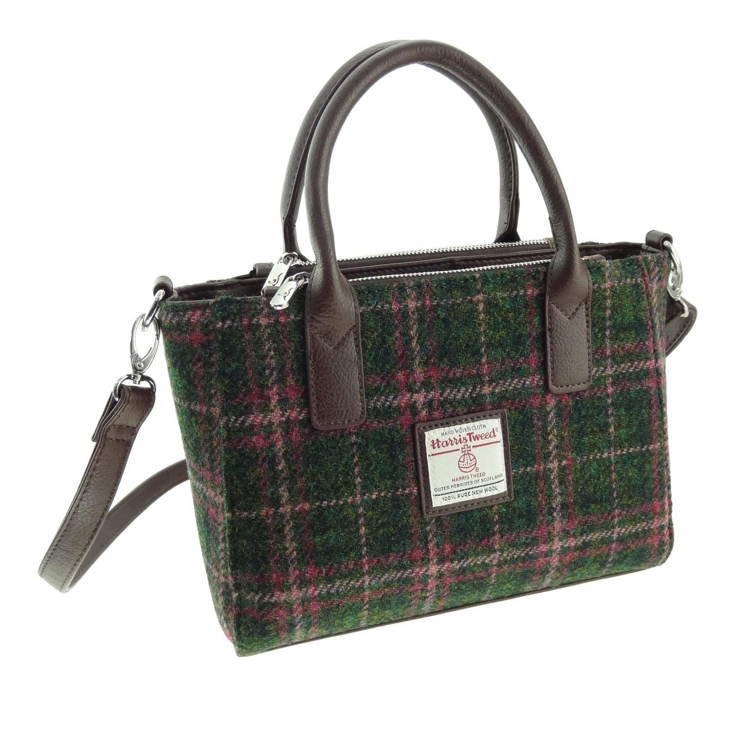 Brora Small Tote Bag with Shoulder Strap & Harris Tweed Green & Purple Check Fabric - COL107 | Harris Tweed Scotland