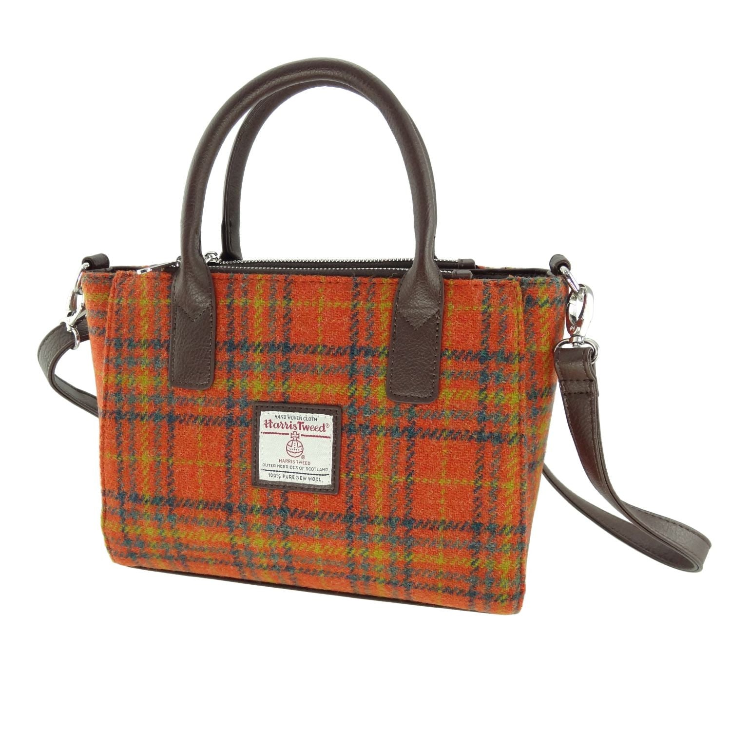 Brora Small Tote Bag with Shoulder Strap & Harris Tweed Burnt Orange & Brown Check Fabric - COL108 | Harris Tweed Scotland