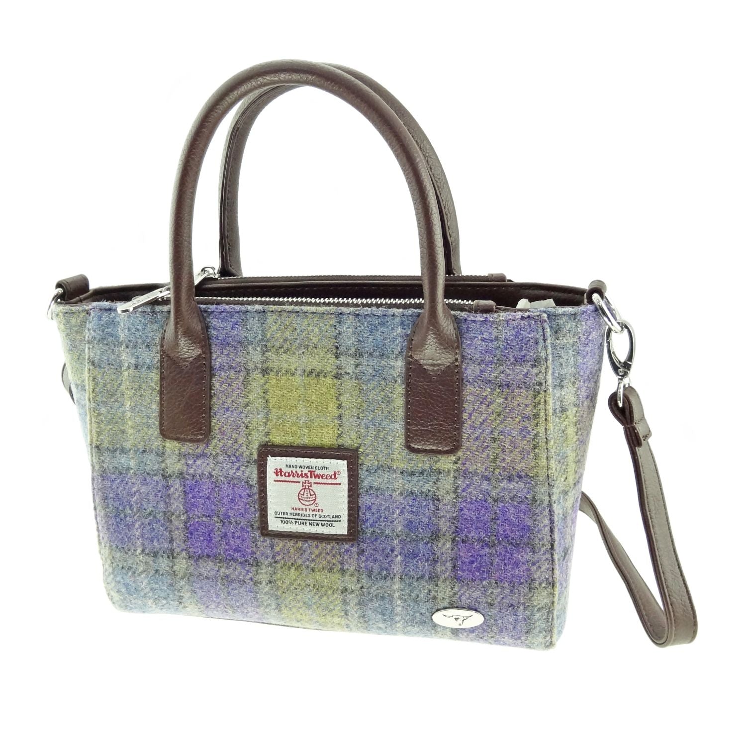 Brora Small Tote Bag with Shoulder Strap & Harris Tweed Purple & Lime Check Fabric - COL112 | Harris Tweed Scotland