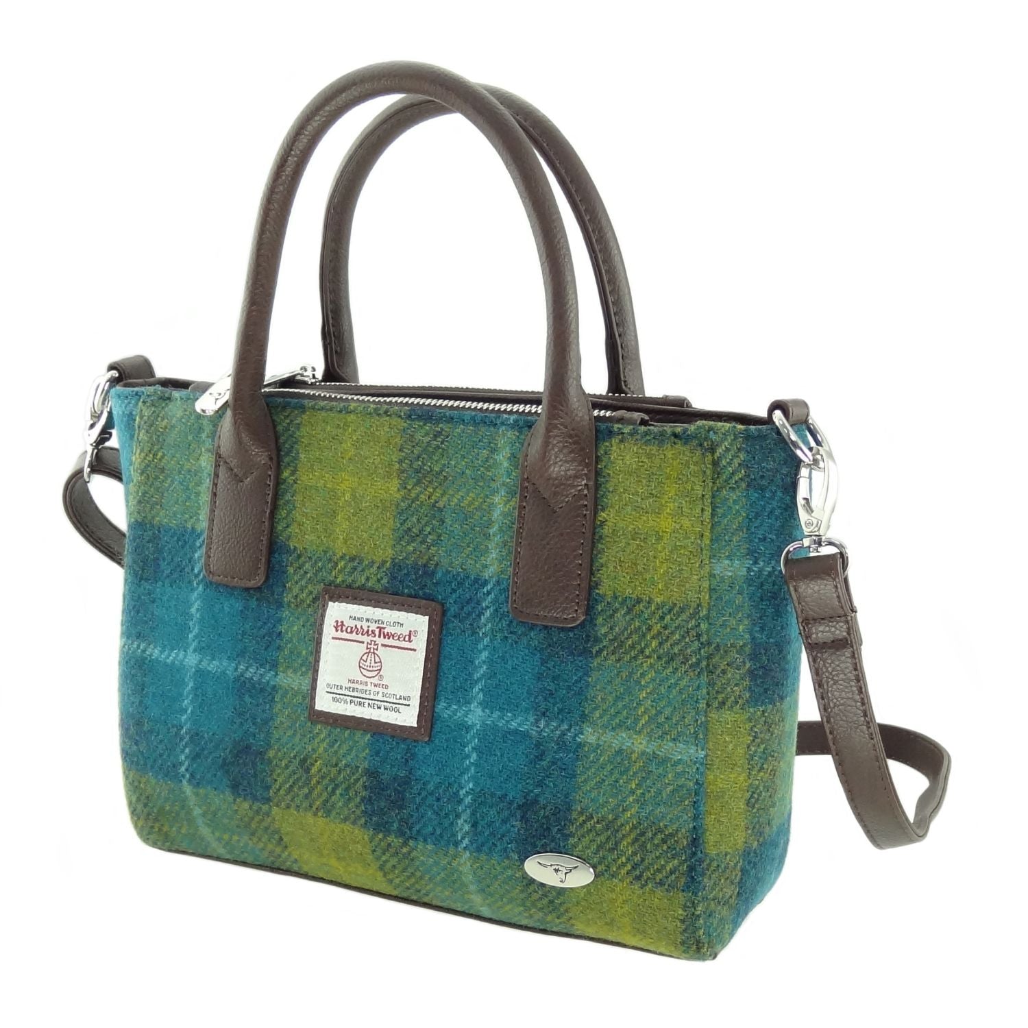 Brora Small Tote Bag with Shoulder Strap & Harris Tweed Green Blue Check Fabric - COL114 | Harris Tweed Scotland